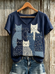 Damen Katzen Patchwork Japanisches Sashiko Kunstdruck Leinen kurz ärmel iges T-Shirt