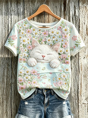 Damen-T-Shirt mit niedlichem Katzen- und Blumenmuster, lässig, kurzärmlig
