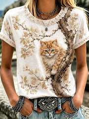 Damen-Retro-T-Shirt mit tierischem Kunstdruck, lässig