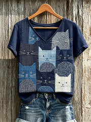 Damen-T-Shirt aus Leinen mit Katzen-Patchwork und japanischem Sashiko-Kunstdruck, kurzärmelig