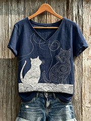 Damen-T-Shirt aus Leinen mit japanischem Sashiko-Kunstdruck und Katzenmotiv, kurzärmelig