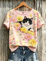 Damen-T-Shirt mit niedlichem Katzen- und Blumenmuster, lässig, kurzärmlig