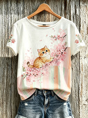 Damen-T-Shirt mit niedlichem Katzen- und Blumenmuster, lässig, kurzärmlig