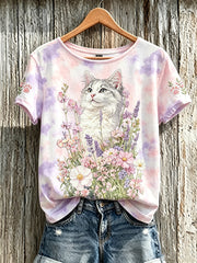 Damen-T-Shirt mit niedlichem Katzen- und Blumenmuster, lässig, kurzärmlig