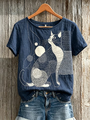 Damen Katze Japanisches Sashiko Kunstdruck Leinen Kurzarm T-Shirt