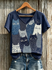 Damen-T-Shirt aus Leinen mit Katzen-Patchwork und japanischem Sashiko-Kunstdruck, kurzärmelig