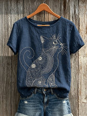 Damen-T-Shirt aus Leinen mit japanischem Sashiko-Kunstdruck und Katzenmotiv, kurzärmelig