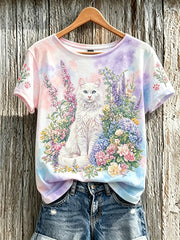 Damen-T-Shirt mit niedlichem Katzen- und Blumenmuster, lässig, kurzärmlig