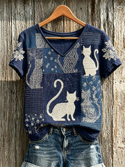 Damen Katzen Japanisches Sashiko Kunstdruck Leinen kurz ärmel iges T-Shirt