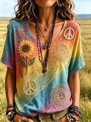 Damen Retro Hippie Muster Druck T-Shirt