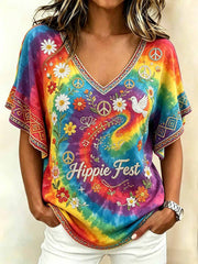 Damen-Vintage-Hippie-T-Shirt mit Musterdruck