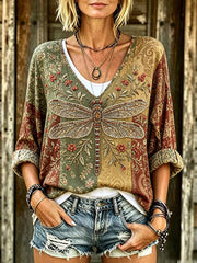 Damen-Vintage-Hippie-T-Shirt mit Libellen-Print