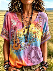 Damen-Retro-Hippie-T-Shirt mit Musterdruck