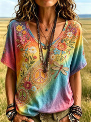 Damen-Retro-Hippie-T-Shirt mit Musterdruck