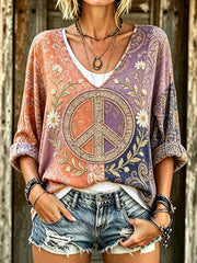 Damen-Vintage-Hippie-T-Shirt mit Libellen-Print