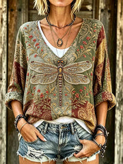 Damen-Vintage-Hippie-T-Shirt mit Libellen-Print