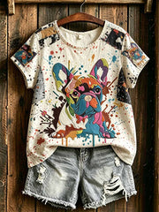 Damen-Romantik-T-Shirt mit Hunde-Print