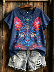 Damenmode T-Shirt mit Sternenhimmel- und Katzenprint