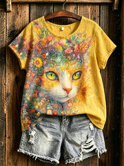 Damen-Romantisches T-Shirt mit Katzenmuster