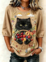 Damen-Romantisches T-Shirt mit Katzenmuster