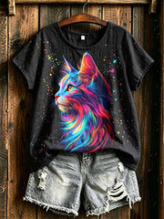 Damenmode Bunt gestreiftes T-Shirt mit Katzenmuster