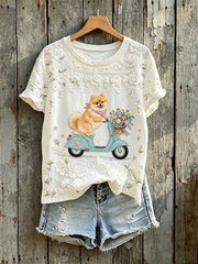 Kurzärmliges T-Shirt mit Blumen pommerscher Hunde druck für Damen