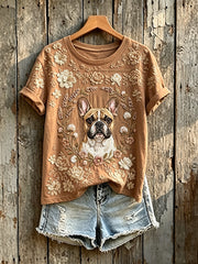 Kurzarm T-Shirt mit französischem Bulldoggen druck für Damen