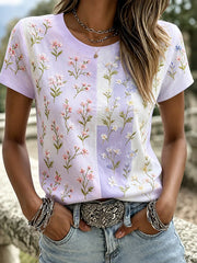 Damen-T-Shirt mit lila Flora Kunst bedruckt