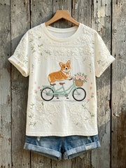 Damen-Kurzarm-T-Shirt mit Blumen Corgi Kunstdruck