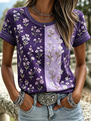 Damen-T-Shirt mit lila Blumenmotiv-Druck