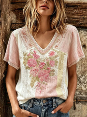 Kurzarm-T-Shirt aus Baumwolle und Leinen mit rosa Blumen druck