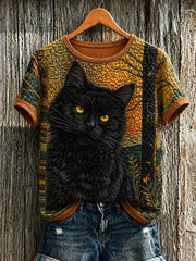 Damen-T-Shirt mit niedlicher Katzen-Print und kurzen Ärmeln