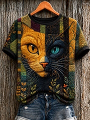 Damen-T-Shirt mit niedlicher Katzen-Print und kurzen Ärmeln