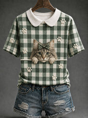 Damen Maine Coon Katze Karo Print Casual T-Shirt