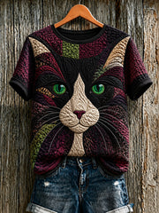Damen-T-Shirt mit niedlicher Katzen-Print und kurzen Ärmeln
