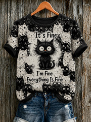 Damen-T-Shirt mit niedlicher Katzen-Print und kurzen Ärmeln