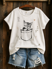 Damen Katzen liebhaber Kurzarm-T-Shirt aus Leinen mit stilvollem Design