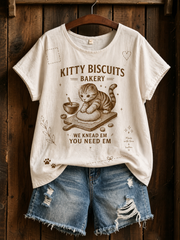 Damen-T-Shirt mit stilvollem Katzenmotiv aus Leinen und kurzen Ärmeln