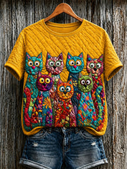 Damen-T-Shirt mit niedlicher Katzen-Print und kurzen Ärmeln