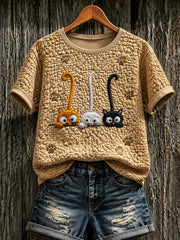 Damen-T-Shirt mit niedlicher Katzen-Print und kurzen Ärmeln
