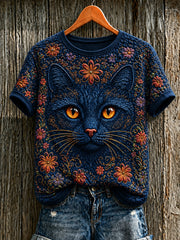 Damen-T-Shirt mit niedlicher Katzen-Print und kurzen Ärmeln