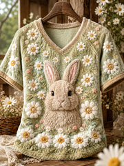 Damen-Kurzarm-T-Shirt mit V-Ausschnitt, verspieltes Daisy Rabbit, schulter frei