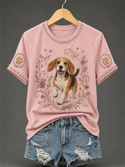Damen-Retro-T-Shirt mit Blumen- und Hunde-Print, lässig
