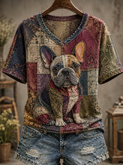 Damen Spaß Puppy Patchwork V-Ausschnitt schulter freies kurz ärmel iges T-Shirt