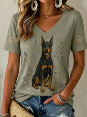Damen-Retro-T-Shirt mit Blumen- und Hunde-Print, lässig, V-Ausschnitt