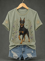 Damen Retro Floral Dog Print Casual T-Shirt