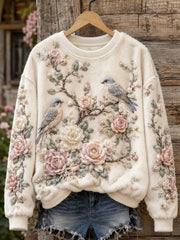 Frauen Blumen und Vögel Rundhals-T-Shirt mit langen Ärmeln