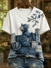 Damen-Kurzarm-T-Shirt mit Fun Cat-Themed-Patchwork-V-Ausschnitt