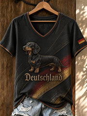 Damen-T-Shirt mit Dackelmotiv und V-Ausschnitt
