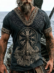 Herren-T-Shirt aus Baumwolle und Leinen mit aufgedrucktem Retro-Motiv eines Wikinger-Piraten-Schädels
